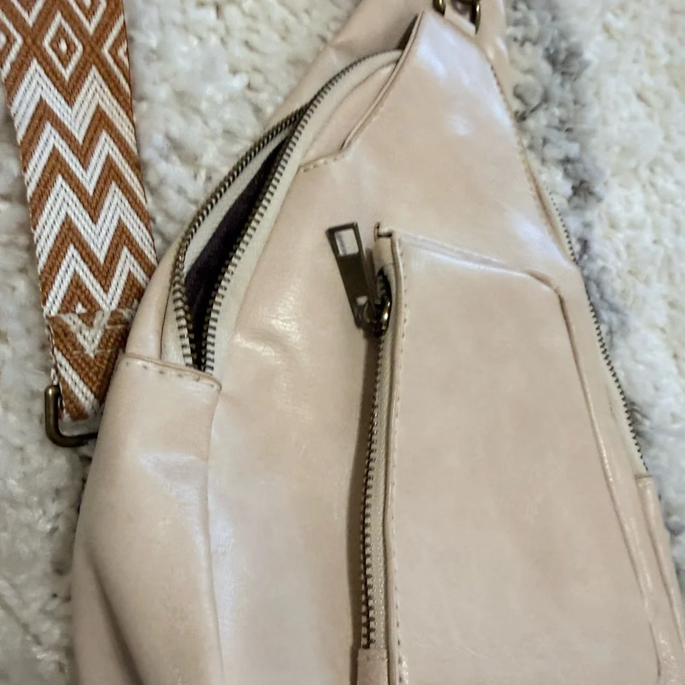 Cream Sling Bag with Patterned Strap
